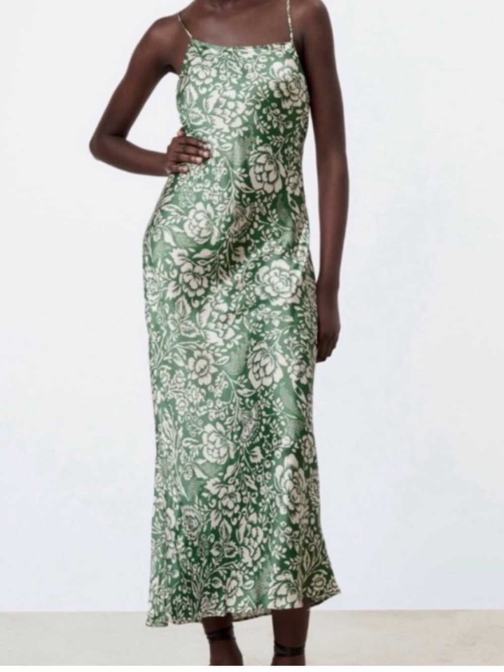 Zara Green Floral Slip Dress with Spaghetti Straps